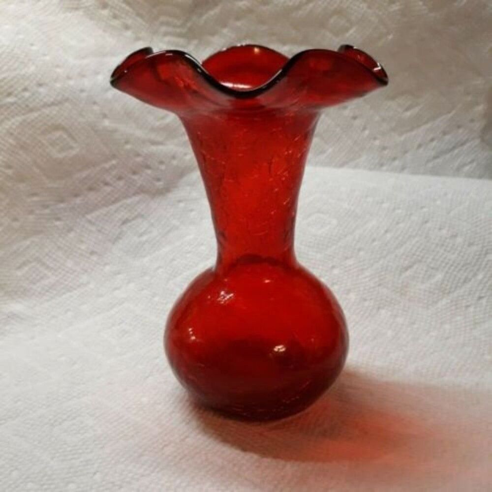 Vintage Red Rainbow Glass Bud Vase Ruffled Rim Crackle  5" x 3"